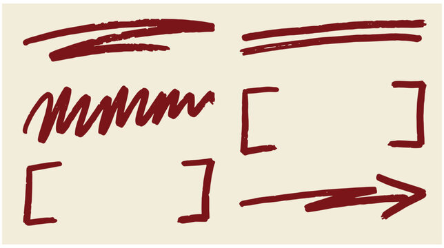 Set of hand-drawn red textured marker scribbles brackets and arrow doodle elements with textured lines design elements note taking bullet points graphic shapes square brackets