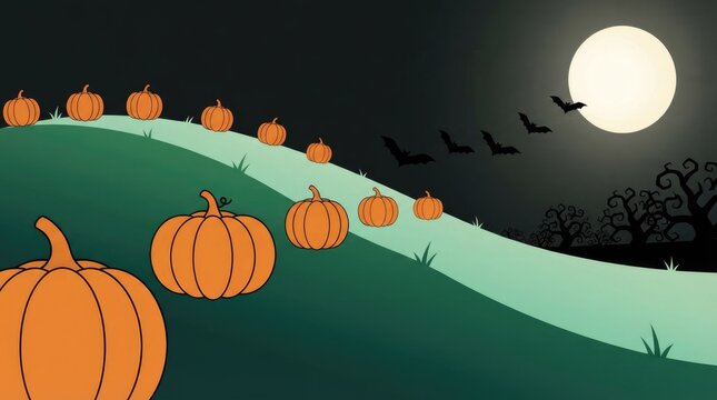 A spooky halloween night scene featuring a path lined with glowing pumpkins under a full moon