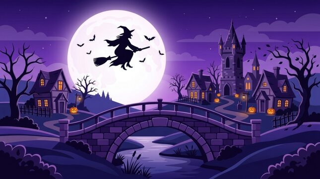 A spooky halloween night scene featuring a witch flying before a full moon and haunted town
