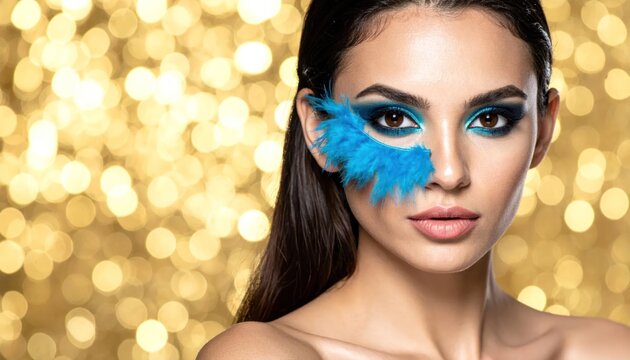 Woman with blue eye makeup and gold background.