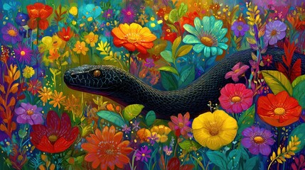 Obraz premium Colorful Floral Background with Black Snake Among Vibrant Flowers