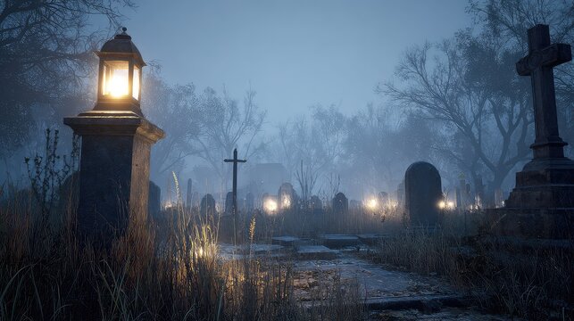 Mysterious Foggy Graveyard with Lanterns and Tombstones at Night