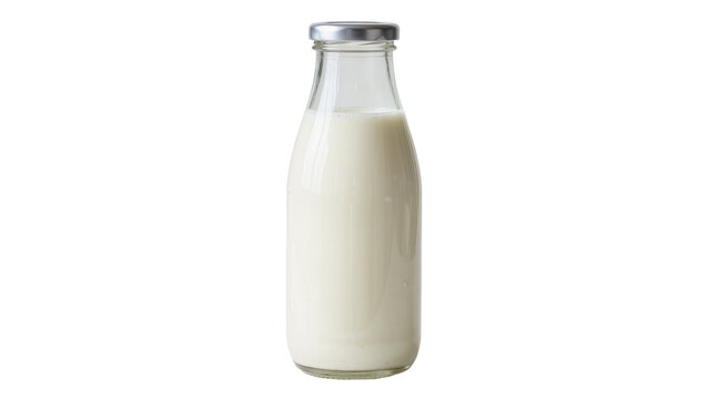 Glass milk bottle with silver cap full of white liquid, isolated on transparent background