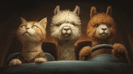 Fototapeta premium Animal Friends on a Road Trip Adventure with a Cat and Two Alpacas