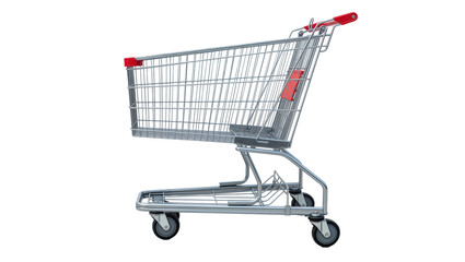 Metal shopping cart with red handles, isolated on transparent background © Aliona