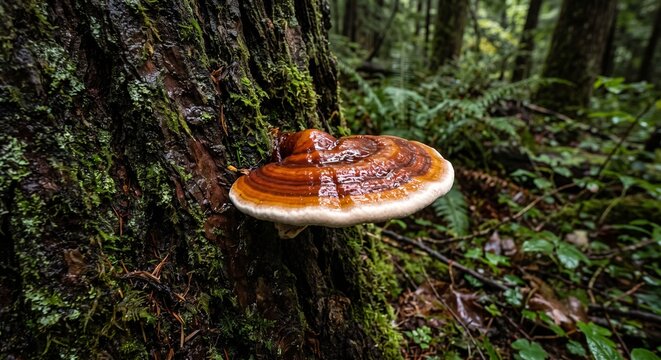 Wild lingzhi mushroom or ganoderma growing on a mossy tree trunk in a dense green forest