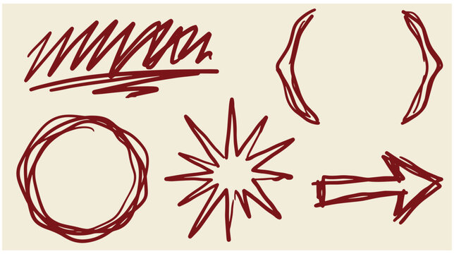 Collection of hand drawn abstract decorative symbols and markers with marker sketches starburst icon scribble lines curved brackets circle doodle arrow pointer decorative graphics