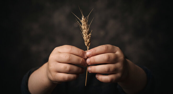 Close up of poor hungry child hands holding a single single ear of wheat concept of hunger and poverty