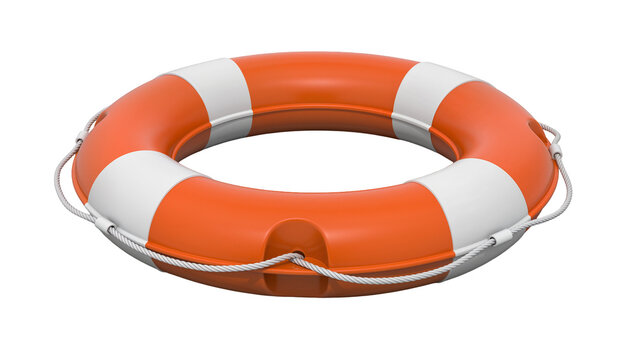 Orange and white striped life preserver ring with rope, isolated on transparent background