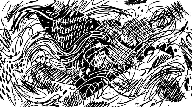 MONO COLOR , BLACK ONLY An abstract vector artwork composed of loose black pen strokes and gestural lines, including curved waves, short repeated marks, rough hatching, and spontaneous scribbles, clea