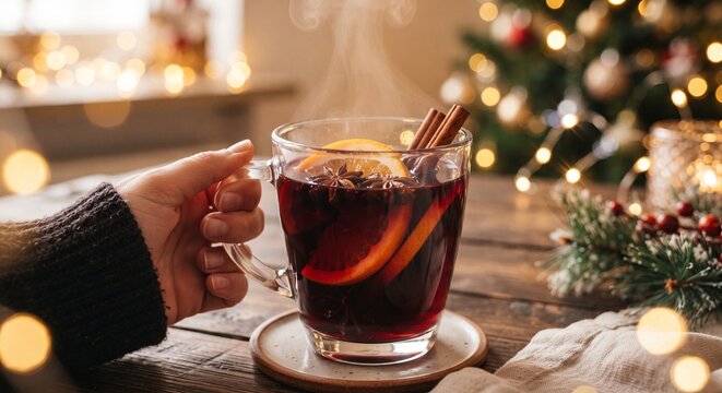 Woman hand holding glass mug of hot steaming mulled wine on festive Christmas background
