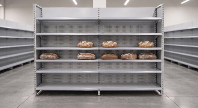 Almost empty supermarket shelves with only a few loaves of bread left concept of shortage