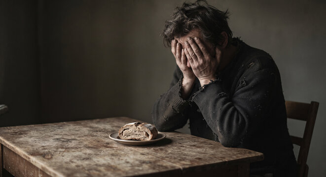 Poor desperate homeless man covering his face in hands sitting at table with a piece of bread
