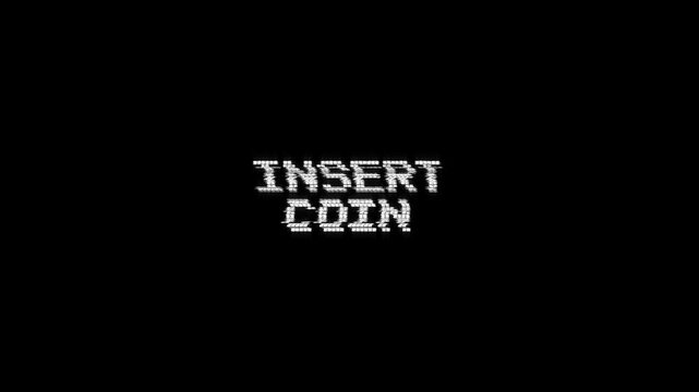 vintage arcade game screen insert coin glitch text title animation 80s 90s retro 8 bit pixel in background. insert coin glitch gaming effect