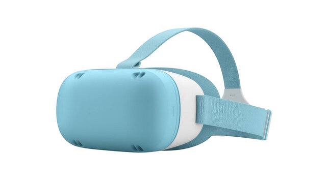 Light blue virtual reality headset with adjustable straps displayed against a plain transparent background for product showcasing.