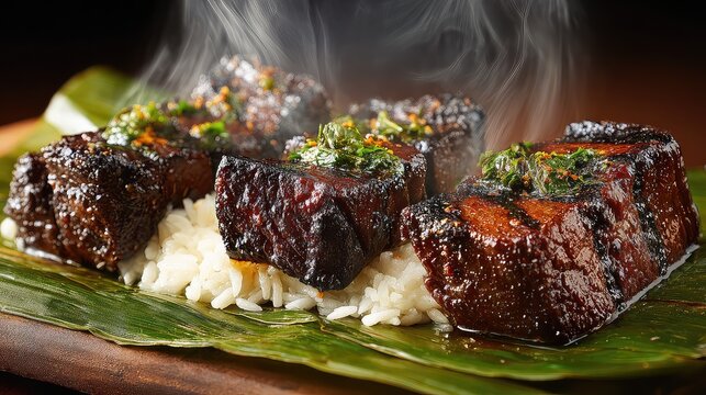 Grilled Meat with Green Sauce on Rice Wrapped in Banana Leaf
