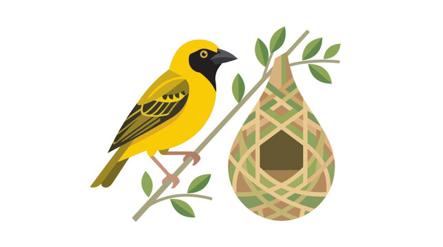 Yellow bird perched on a branch with woven nest flat vector illustration