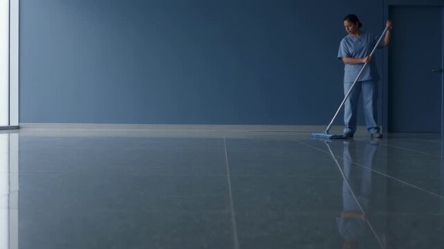 Commercial cleaner mopping a polished floor in an empty blue office lobby