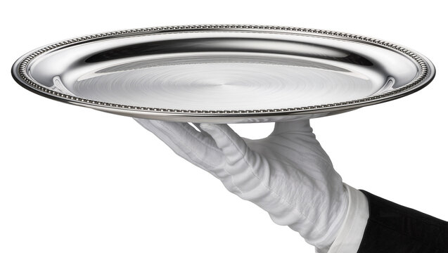 White gloved hand holding polished silver serving tray with beaded rim, isolated on transparent background