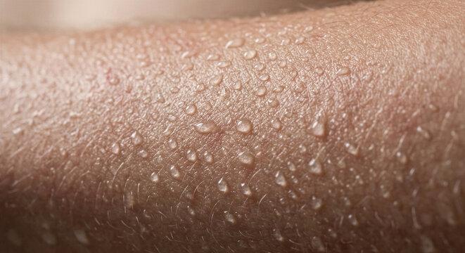 Extreme close-up human forearm skin texture covered in glistening sweat droplets after intense workout exercise showing natural pores micro detail for fitness body hygiene health concept