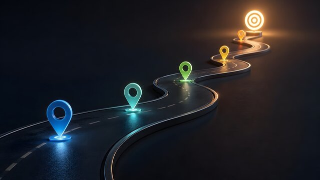Winding road with glowing location pins leading to a bright target representing strategic planning, business milestones, and the journey to success.