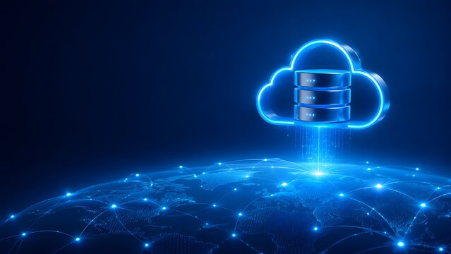 Glowing blue cloud computing symbol with database servers hovering above a digital global network grid illustrating global data storage and connectivity.