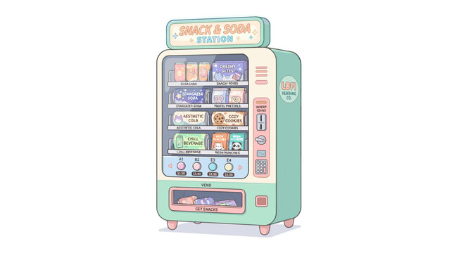 A pastel-colored snack and soda vending machine featuring rows of cute treats and digital controls