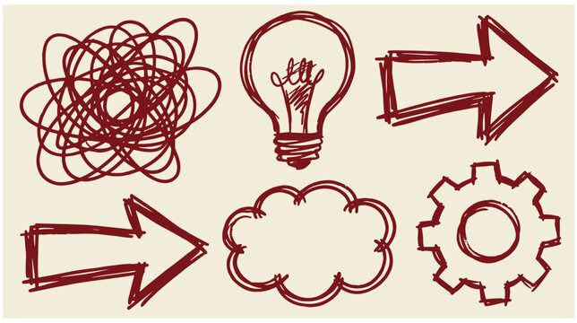 Hand drawn business and brainstorming icons including lightbulb arrows cloud and gear symbol with business symbols lightbulb sketch arrow doodle cloud bubble gear icon scribble art