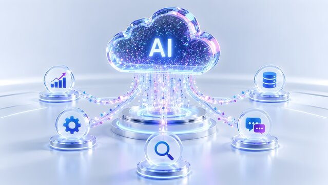 Transparent artificial intelligence cloud computing ecosystem connecting glowing data processing nodes and analytics icons representing advanced machine learning networks.