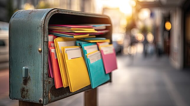 Colorful Envelopes and Files in Vintage Mailbox During Sunset