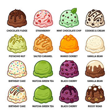 Assorted colorful ice cream scoops with flavor names vector set