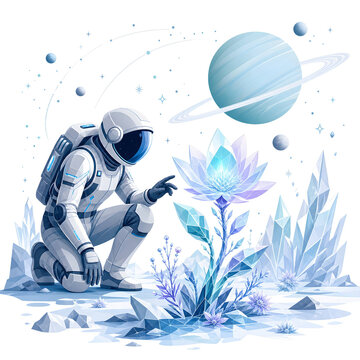 Spaceman kneeling on an icy alien planet surrounded by delicate blue crystal flowers under a pale blue ringed planet, surreal cosmic flora exploration concept design for t-shirt and pod