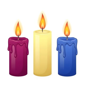 Sebuah gambar ilustrasi tiga buah lilin menyala dengan warna magenta, kuning dan biru.