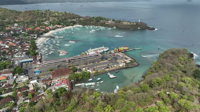 Aerial view of the natural scenery of the beach at Patang Bai Port, Bali, Indonesia