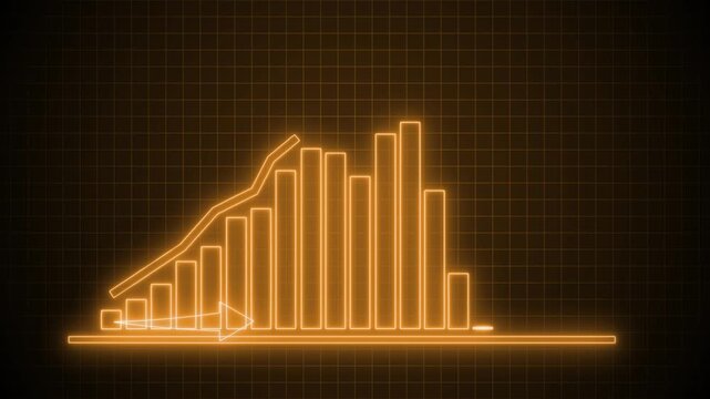 Neon glowing bar chart with rising line overlay stylized retro futuristic data visualization animation
