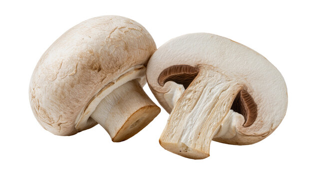 Two fresh white button mushrooms one halved showing gills, isolated on transparent background