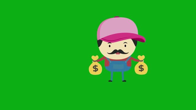 Cartoon businessman character holding money bags animation on green screen chroma key for video editing motion graphics social media content creation stock templates youtube marketing produc
