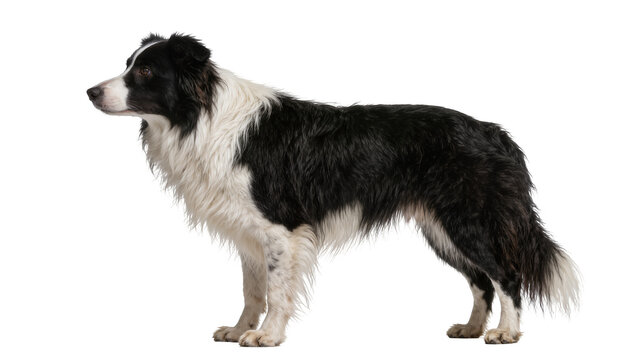 Black and white Border Collie dog standing alert, isolated on transparent background