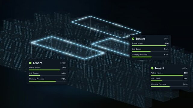 Server Room Cluster Data Visualization, Digital Rack Monitoring, Server Performance Metrics, Active Nodes, Job Queue Status, Memory Pressure Analysis, Technology Dashboard, Futuristic UI Elements