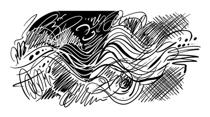 Fototapeta premium MONO COLOR , BLACK ONLY A modern abstract vector artwork showcasing hand-drawn black lines and scribbles, fluid wave patterns, sketchy hatching, natural stroke variation, minimalist monochrome style,