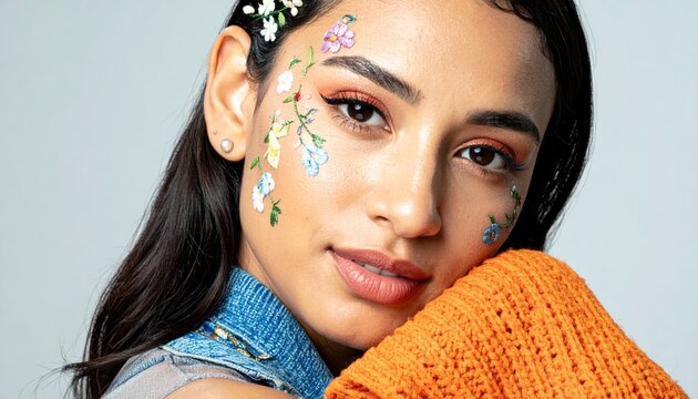 Woman with floral face stickers in orange sweater.