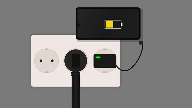 Smartphone charging with cable plugged into wall socket animation
