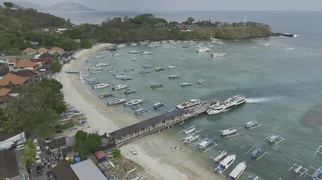 Aerial view of the natural scenery of the beach at Patang Bai Port, Bali, Indonesia