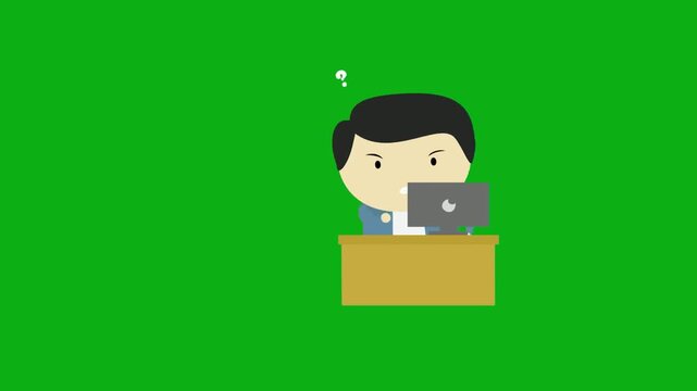 Cartoon businessman character working at desk laptop animation on green screen chroma key for video editing motion graphics social media content creation stock templates youtube marketing pr