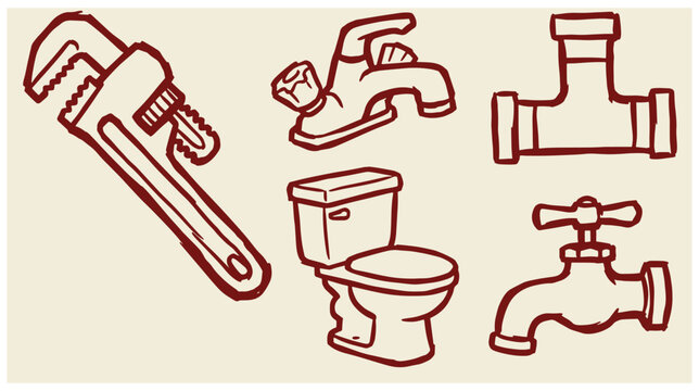 Doodle style vector illustration set of plumbing equipment and pipe fittings with pipe wrench water tap pipe connector hand drawn plumbing equipment fittings illustration bathroom
