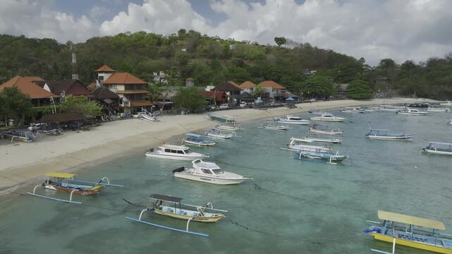 Aerial view of the natural scenery of the beach at Patang Bai Port, Bali, Indonesia