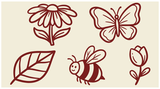Cute hand-drawn doodle icons of nature including flower butterfly leaf bee tulip on cream background with line art butterfly illustration background collection childish honeybee