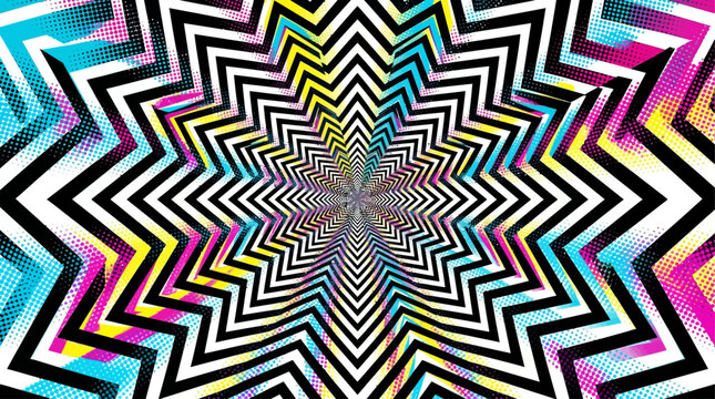 Psychedelic optical illusion background, colorful hypnotic star tunnel vector, trippy geometric pattern for music festival posters