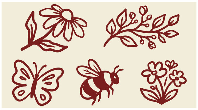 Set of cute hand drawn nature doodles featuring flower leaf branch butterfly bumblebee elements butterfly illustration bumblebee collection monochrome engraving botanical wildlife