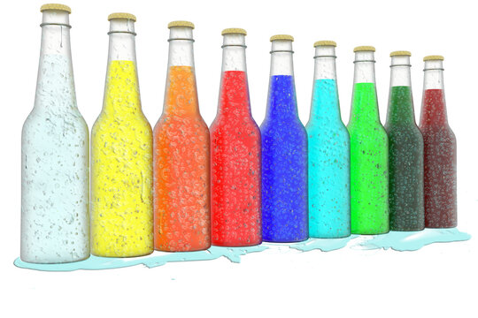 PNG. Trasparente. Bottiglie bibite rinfrescanti colorate su sfondo bianco